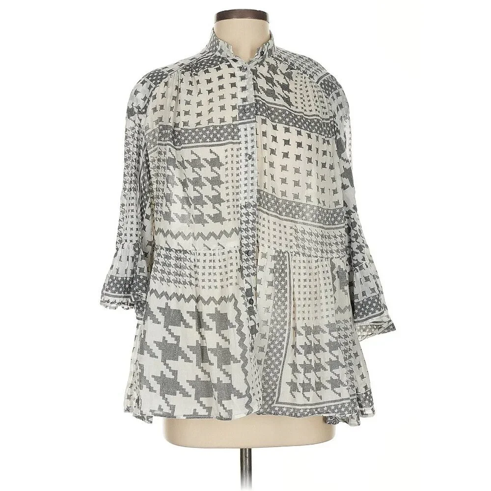 IRO Monochrome“Zofia” Black White Blouse Houndstooth Patchwork Like Light Top - Picture 2 of 6